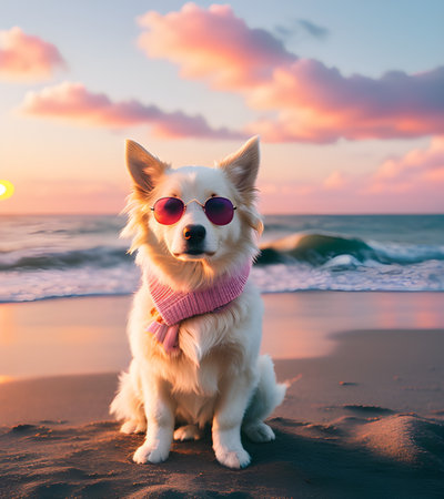 Cute white dog with pink sunglasses sitting on the beach at sunsetの素材