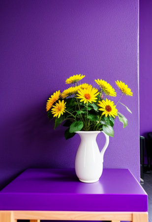 Bouquet of sunflowers in vase on purple wall backgroundの素材