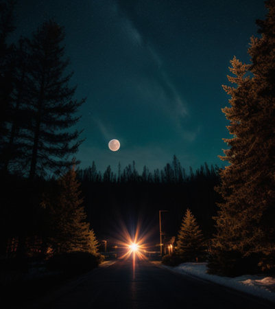 Night road in the forest. The moon in the night sky.の素材