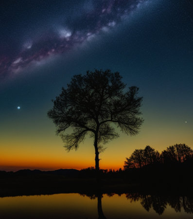 Milky Way over a lonely tree on the lake at night.の素材