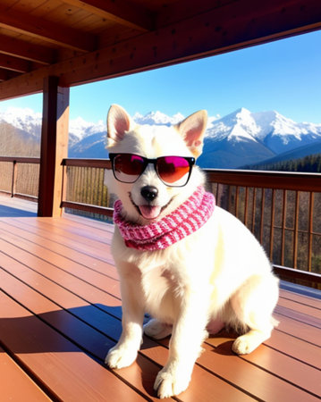 White swiss shepherd dog in a pink scarf and sunglasses sitting on the terrace of a wooden houseの素材
