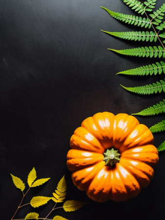 Pumpkin and leaves on a black background. Autumn concept.の素材