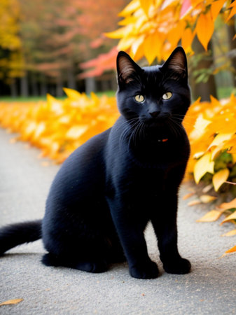 Black cat sitting on the road in autumn park and looking at cameraの素材