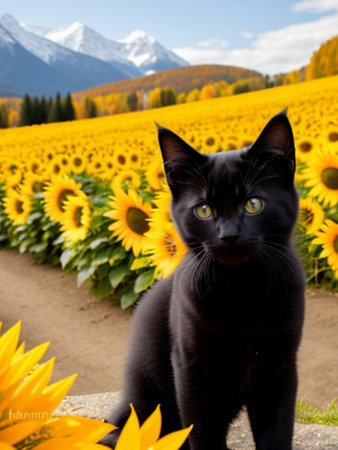Black cat in a sunflower field with mountains in the background.の素材