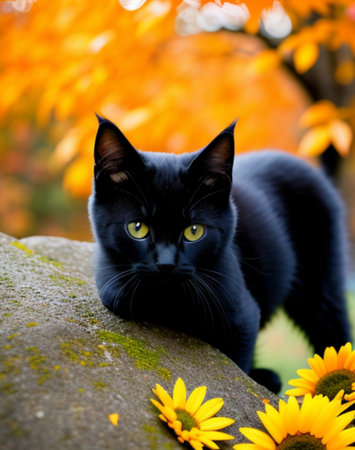 Black cat sitting on a stone in the autumn garden with yellow flowersの素材