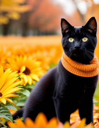 Black cat with orange scarf sitting in a field of sunflowersの素材