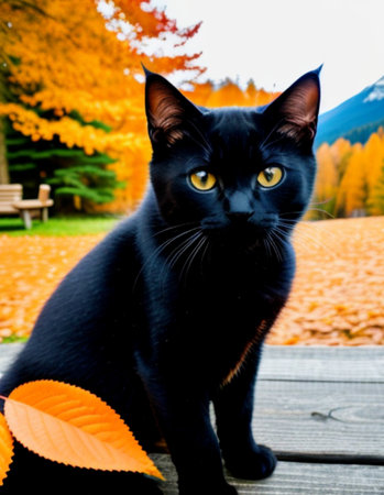 Black cat with yellow eyes on the background of autumn forest and mountainsの素材