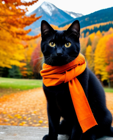 Black cat in orange scarf and scarf on the background of autumn forest.の素材