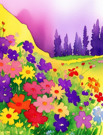 Watercolor summer landscape with flowers. Hand painted watercolor illustration.の素材