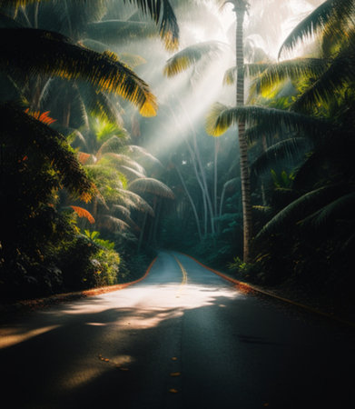 Road in the jungle with palm trees and rays of the sun.の素材