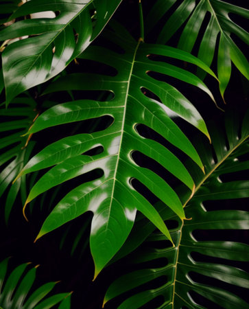 Tropical leaves background. Monstera leaves on dark background.の素材