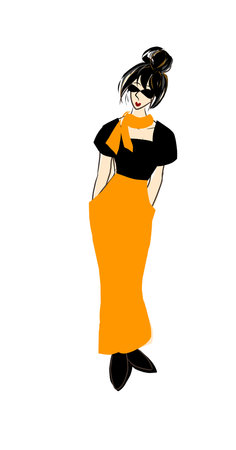 Beautiful young woman in a long orange dress. Vector illustration.の写真素材