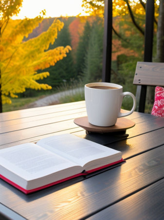 Coffee cup and book on the wooden table with autumn nature background.の素材