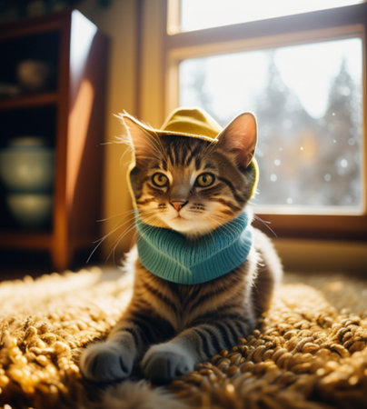 Cute kitten wearing a hat and scarf sitting near the windowの素材