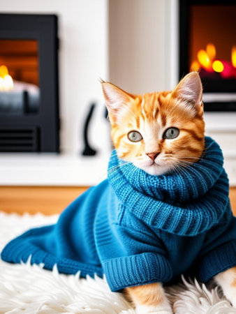 Cute ginger cat in a blue knitted sweater sits near the fireplace.の素材