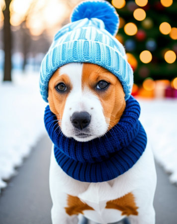 Jack russell terrier dog in a winter hat and scarfの素材