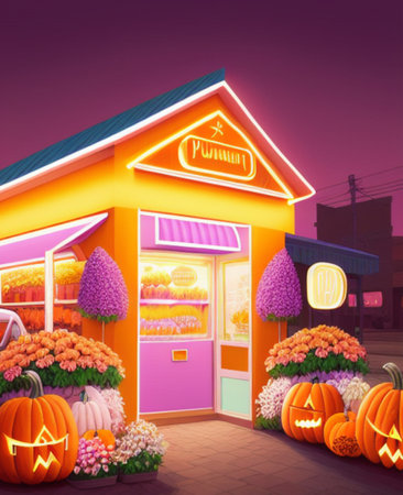 Halloween candy shop with pumpkins and purple background. 3d renderingの素材