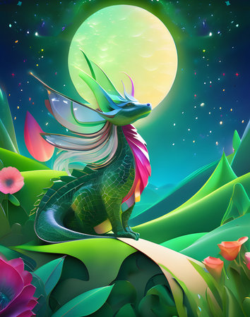 Vector illustration of fantasy dragon on the background of the moon and flowersの素材