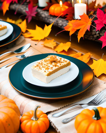 Pumpkin cheesecake on a table with pumpkins and autumn leavesの素材