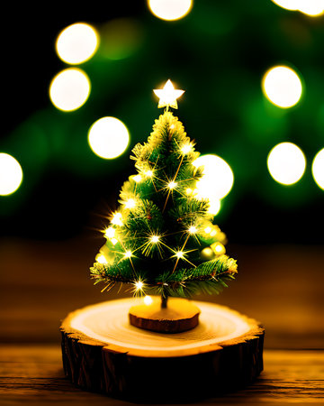 Christmas tree on a wooden stump with bokeh lights in the backgroundの素材