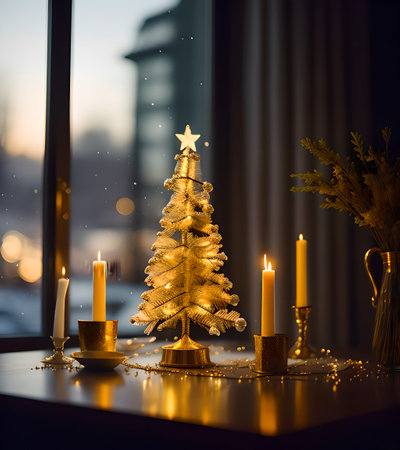Christmas tree with candles on the background of a window with a view of the cityの素材