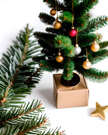 Christmas tree and gift box on white background. New Year concept.の素材