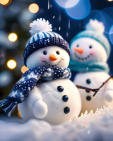 Snowman family with christmas tree and bokeh background.の素材