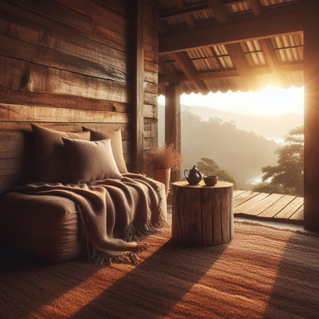 Interior of a wooden house in the morning with a beautiful view
