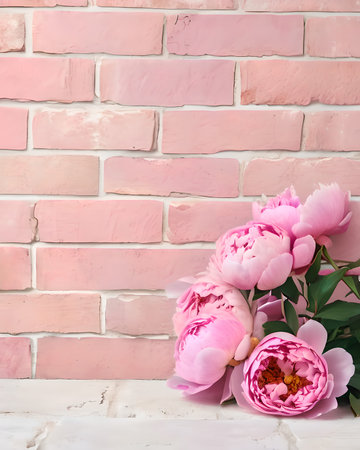 Pink peonies on a white brick wall background with copy space.の素材