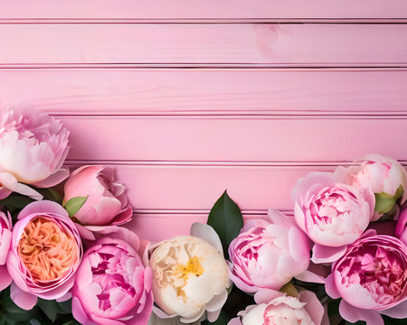 Pink peony flowers on pink wooden background. Top view with copy spaceの素材