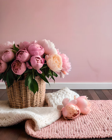 Basket with peonies and knitted plaid on wooden floorの素材