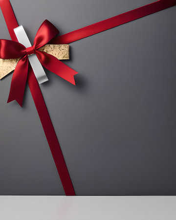 Gift box with red bow and ribbon on grey background.の素材