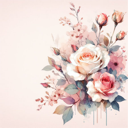 Beautiful watercolor floral background with roses. Hand drawn illustration.の素材