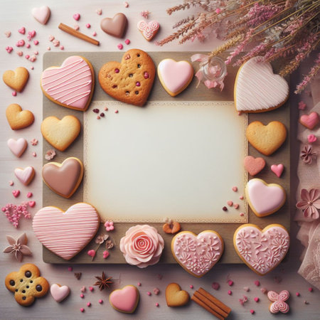 Valentine's day background with heart shaped cookies and blank cardの素材
