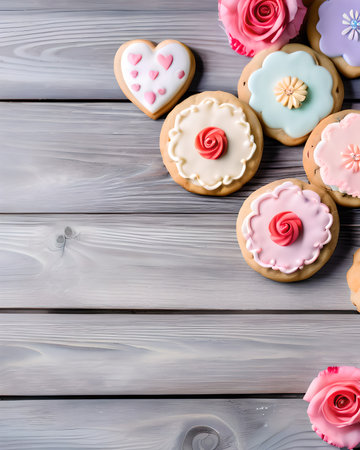 Delicious cookies in the shape of hearts on a wooden background.の素材