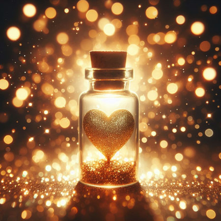 Glass bottle with golden heart on bokeh background. Love conceptの素材