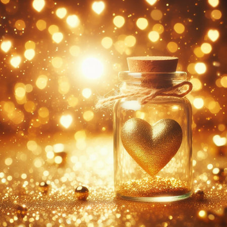 Golden heart in a glass jar on a golden bokeh backgroundの素材