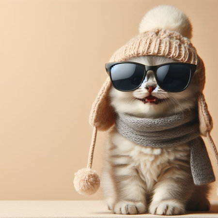 Cute cat wearing winter hat and sunglasses on beige background.の素材