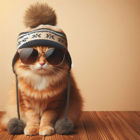 Cute ginger cat wearing a hat and sunglasses on a wooden floorの素材