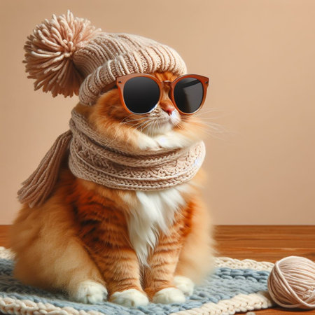 Cute ginger cat wearing sunglasses and knitted scarf on wooden tableの素材