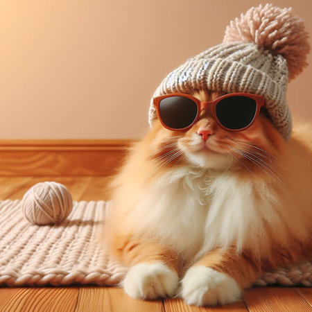 Cute cat wearing knitted hat and sunglasses on floor at homeの素材