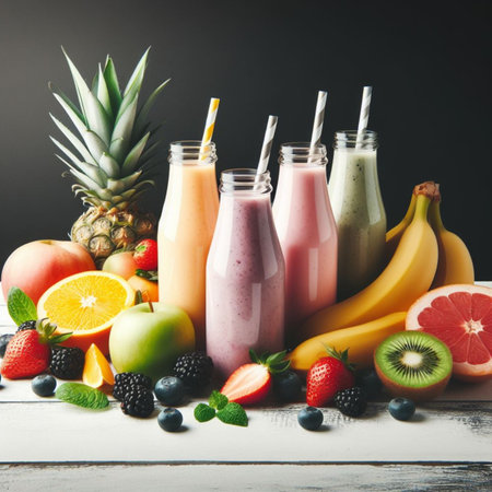 Assortment of fresh fruit smoothies in bottles. Healthy eating concept.の素材