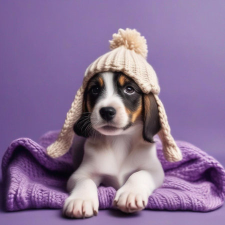 Cute Beagle puppy in warm hat and scarf on violet backgroundの素材