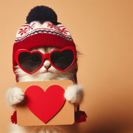 Cute cat with heart shaped sunglasses holding a valentine cardの素材