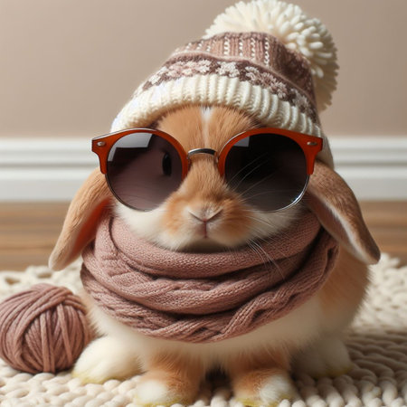 Cute little bunny wearing warm clothes and sunglasses on home interior backgroundの素材