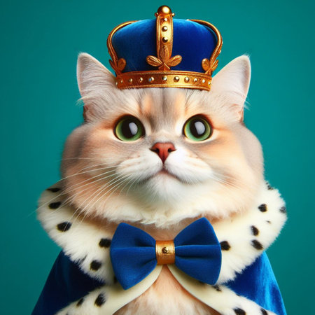 Portrait of a beautiful cat in a crown on a blue background.の素材