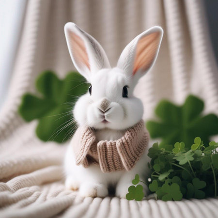 Cute little rabbit with scarf and clover on knitted backgroundの素材