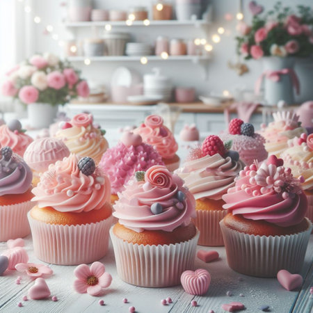Cupcakes with pink buttercream frosting on a white wooden tableの素材