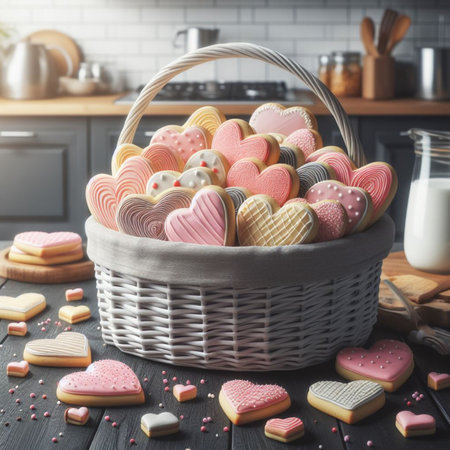 Heart shaped cookies in a basket on a wooden table in the kitchenの素材