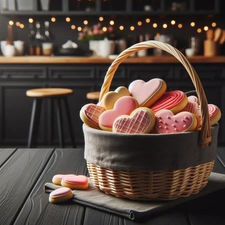 Basket with tasty heart shaped cookies on table in kitchen, closeupの素材